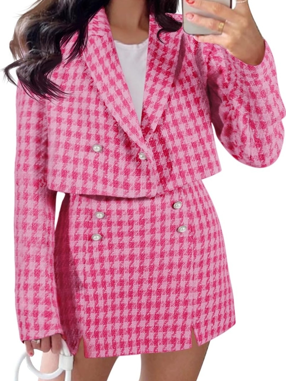 Pink Houndstooth Tweed Mini Skirt And Top Set